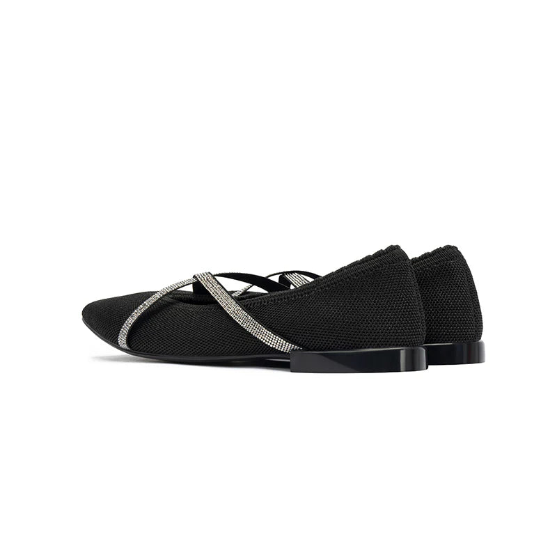 Rhinestone Cross Strap Pointed Toe Knit Flats - Black