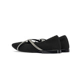 Rhinestone Cross Strap Pointed Toe Knit Flats - Black