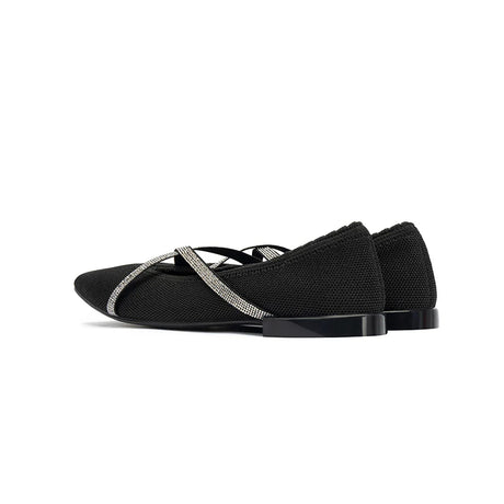 Rhinestone Cross Strap Pointed Toe Knit Flats - Black