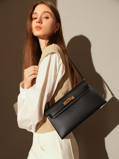 Camille Palm-Grain Calfskin Shoulder Bag - Black
