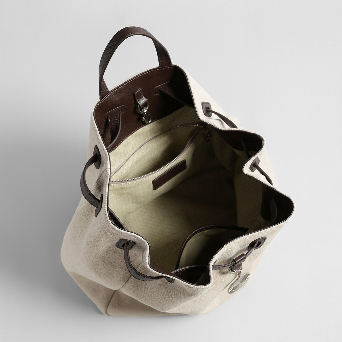 Canvas & Leather Drawstring Bucket Backpack - Ivory