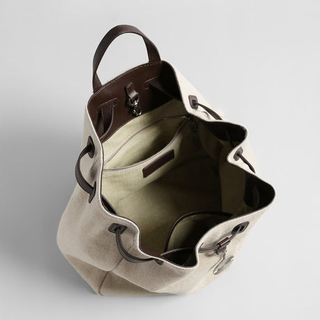 Canvas & Leather Drawstring Bucket Backpack - Ivory