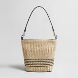 Striped Woven Straw Bucket Bag - Natural