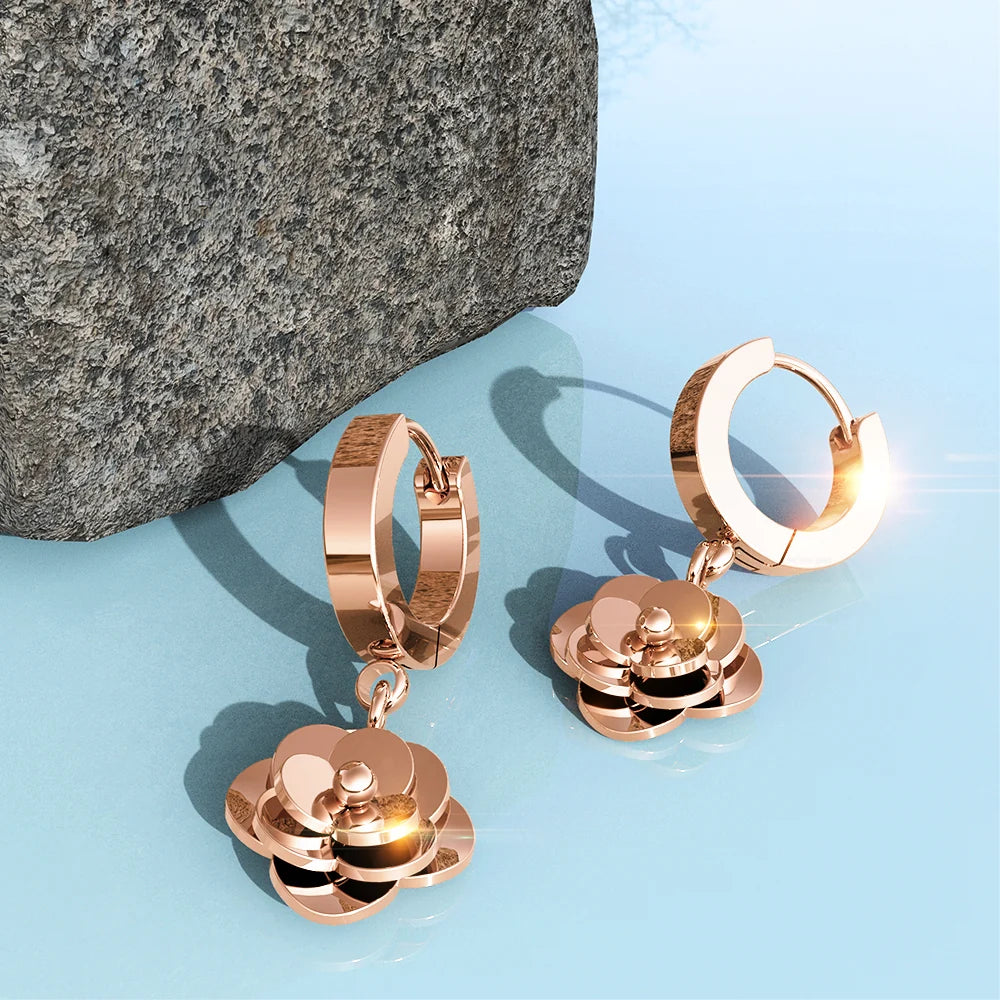 Bullion Gold Dainty Rose Layered in Rose Gold Stainless Steel Drop Earrings