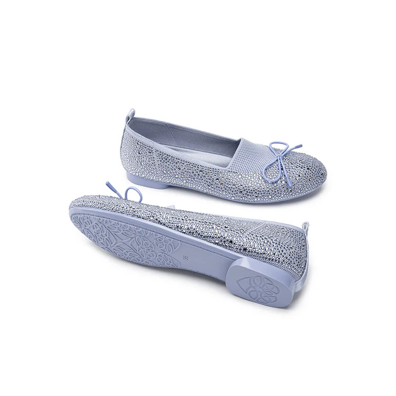Rhinestone Bow Knit Round Toe Ballet Flats - Blue