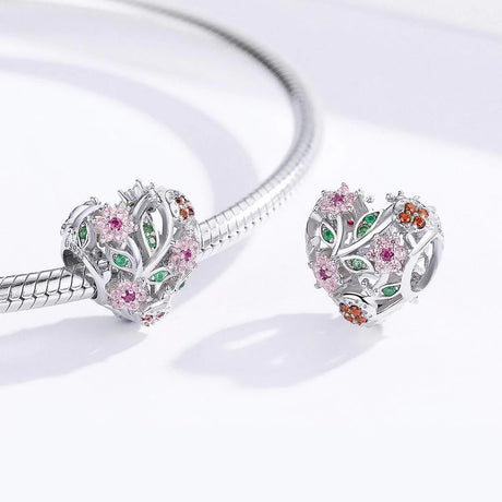 Solid 925 Sterling Silver Heart Colourful Floral Flower Pandora Inspired Charm