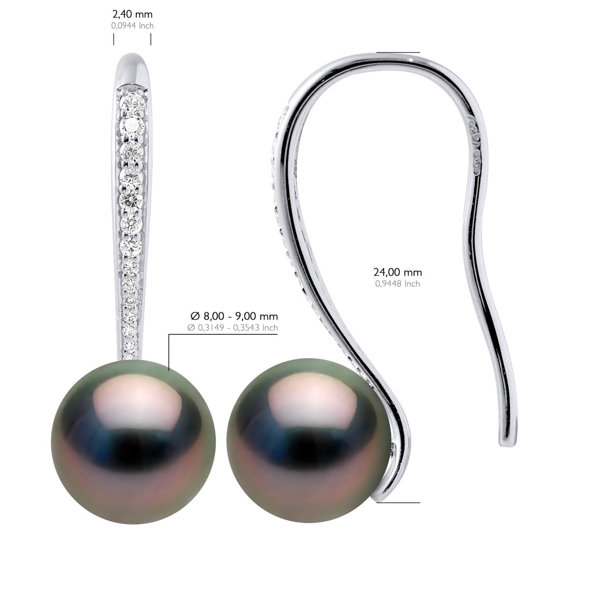 Earrings Real Cultured Tahiti Pearls Round 8-9 mm Mounted Cubic Zirconia - Height 2,5 cm