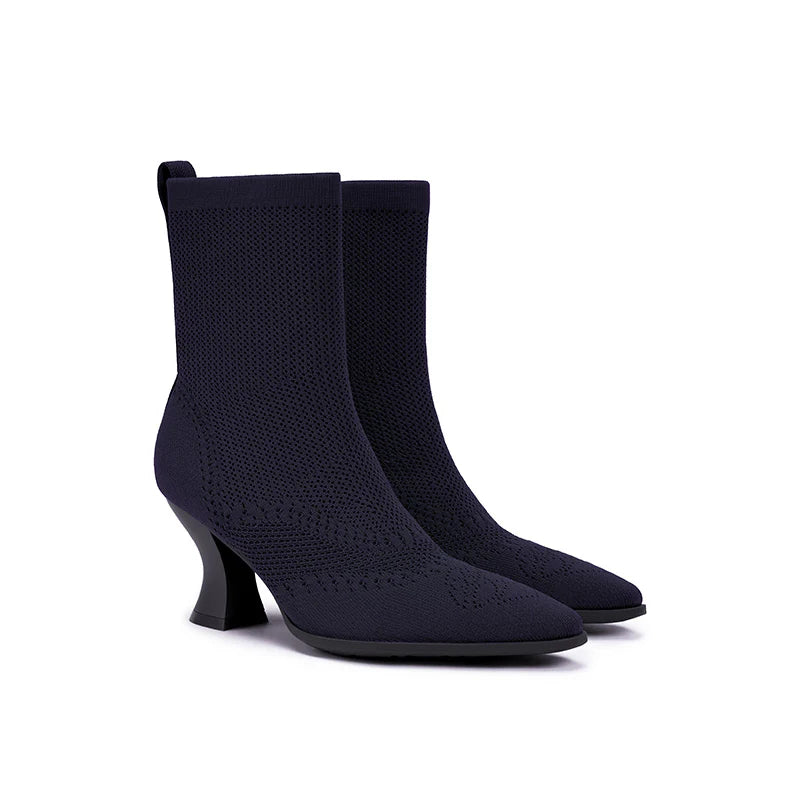 Pointed Toe Knit Sock Boots - Navy