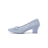 Pearl Bow Mesh Knit Round Toe Pumps - Blue