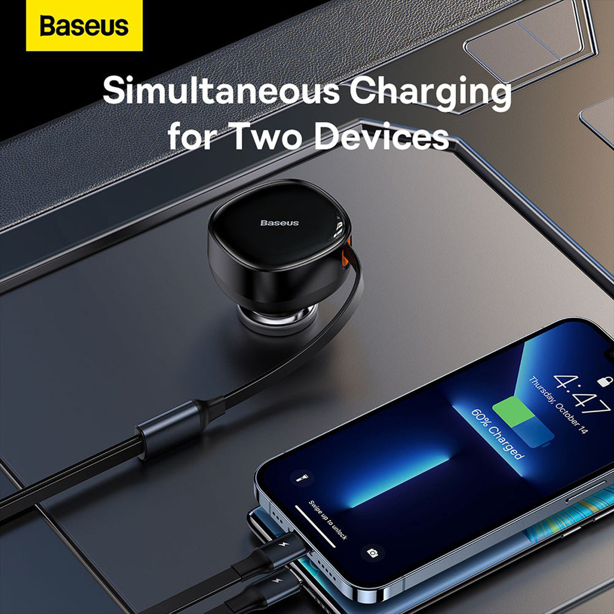 Baseus 30W Fast Charging Retractable 2-in-1 Car Charger Type-C iP Pin 12-24V 3.5A