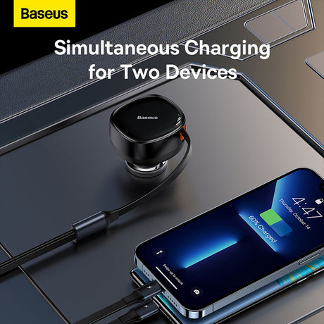 Baseus 30W Fast Charging Retractable 2-in-1 Car Charger Type-C iP Pin 12-24V 3.5A