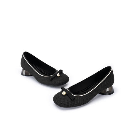 Pearl Bow Knit Square Toe Loafer Pumps - Black