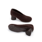 Fuzzy Round Toe Block Heel Pumps - Chocolate