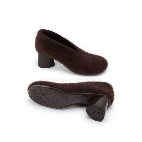 Fuzzy Round Toe Block Heel Pumps - Chocolate