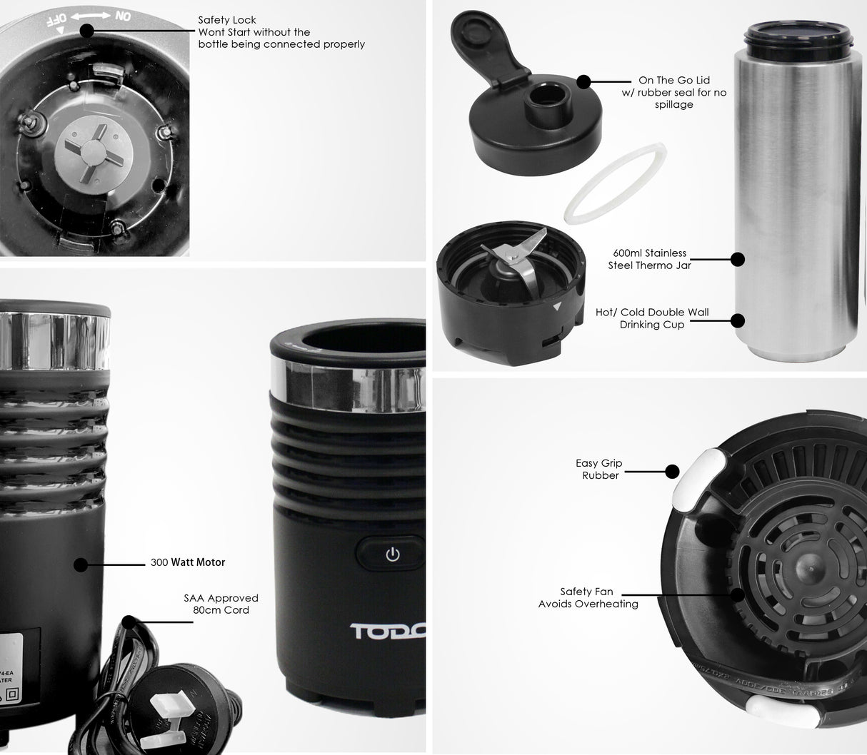 TODO 300W Smoothie Maker Drink Blender 600Ml Double Wall Stainless Steel Jar - Black