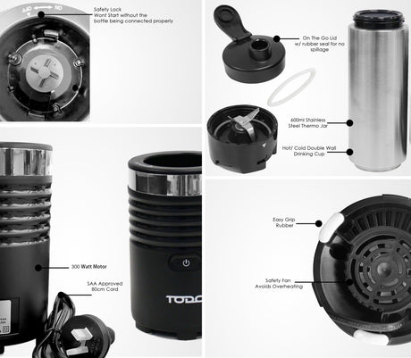 TODO 300W Smoothie Maker Drink Blender 600Ml Double Wall Stainless Steel Jar - Black