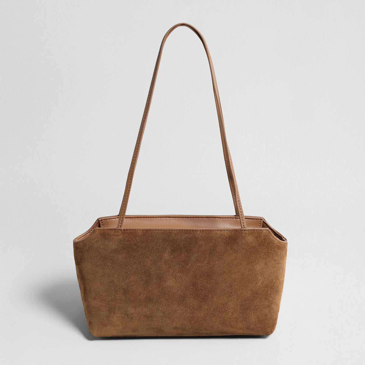 Suede Leather Structured Shoulder Bag - Camel