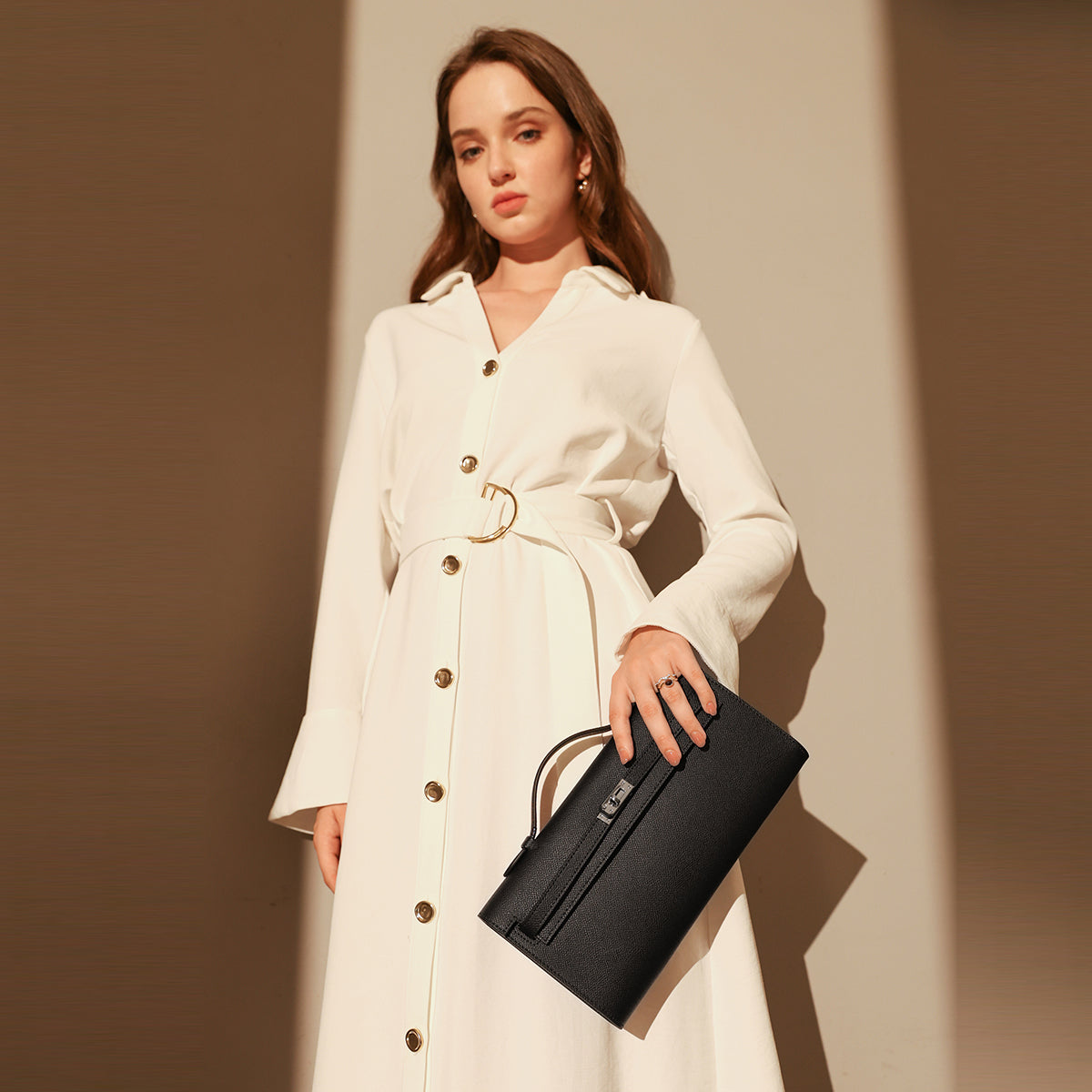 Structured Saffiano Leather Top-Handle Clutch - Black