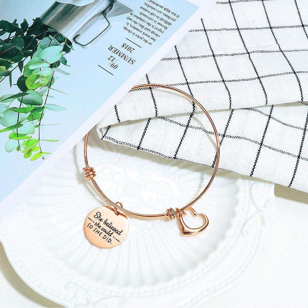 Boxed Double Inspiring Heart Love Charm Rose Gold Cuff and Toggle Bangle Set