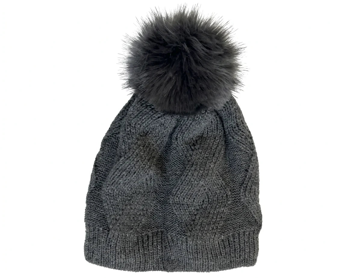 Cherry Red Braid Beanie W/ Pom Pom - Black