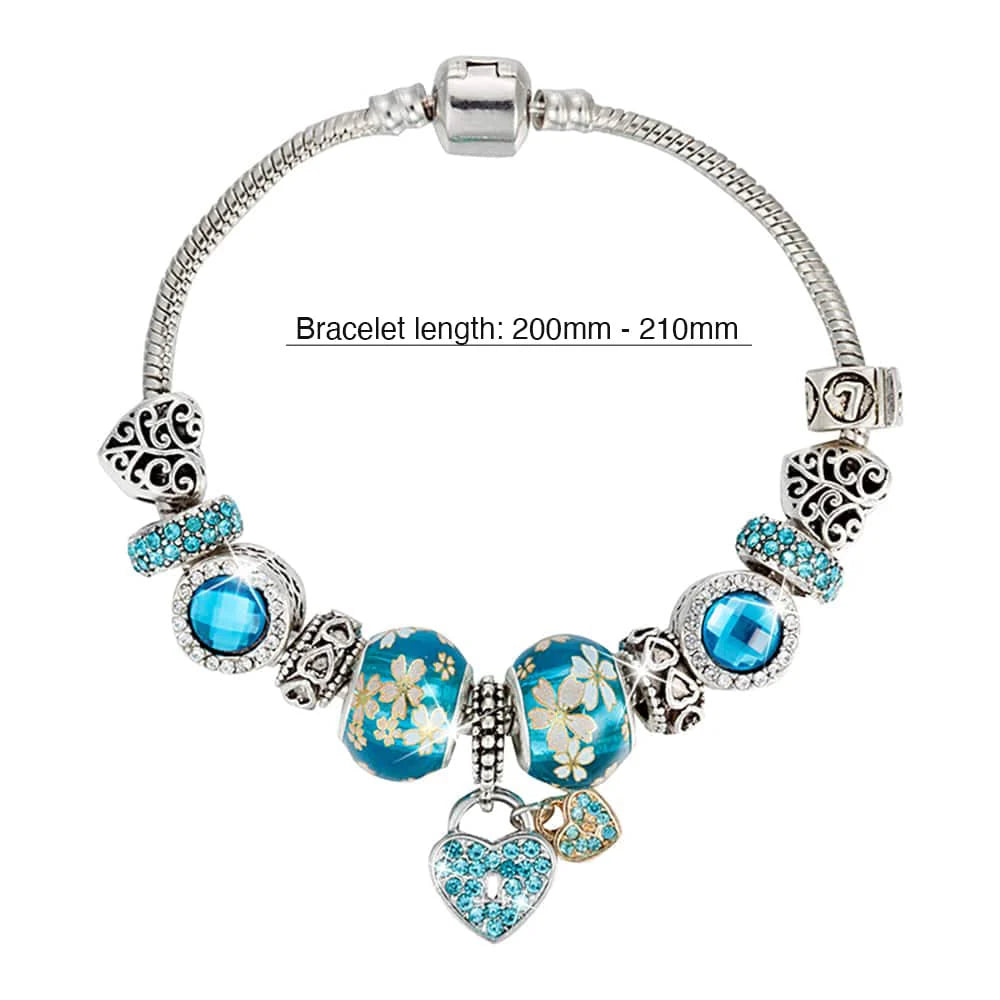 Pandora Inspired Full Set Beaded Charm Bracelet -  Silver/Blue