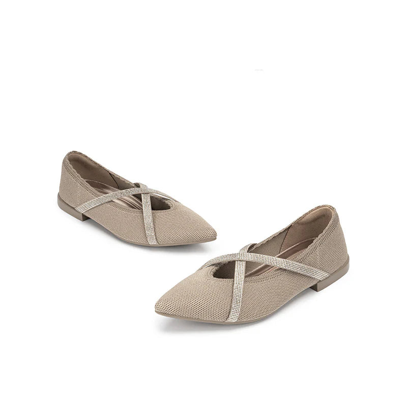 Rhinestone Cross Strap Pointed Toe Knit Flats - Sand