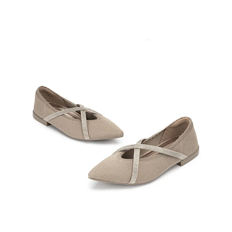 Rhinestone Cross Strap Pointed Toe Knit Flats - Sand
