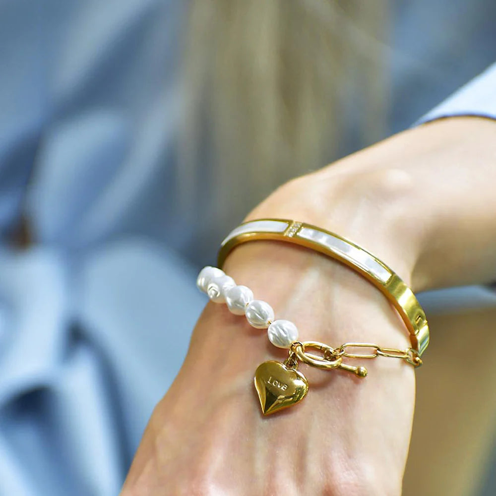 Bullion Gold Pearl Paper Clip Chain Heart Gold Layered Stainless Steel Bracelet