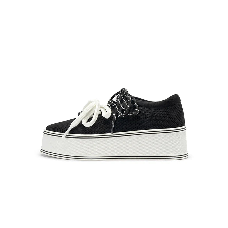Dual Lace Platform Knit Sneakers - Black