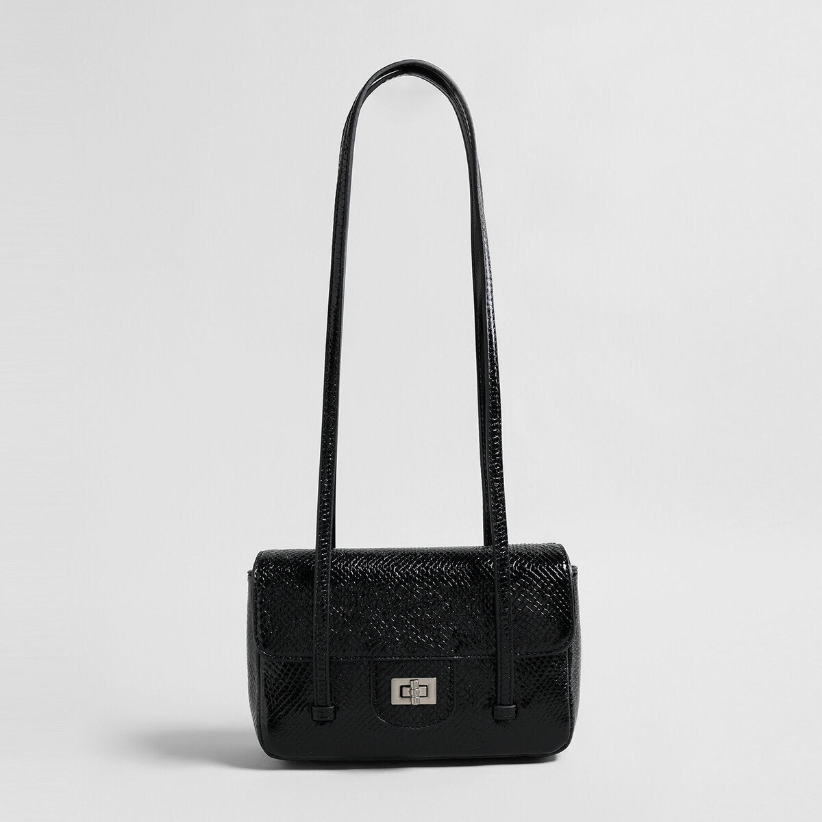 Snake-Embossed Metallic Flap Shoulder Bag - Black