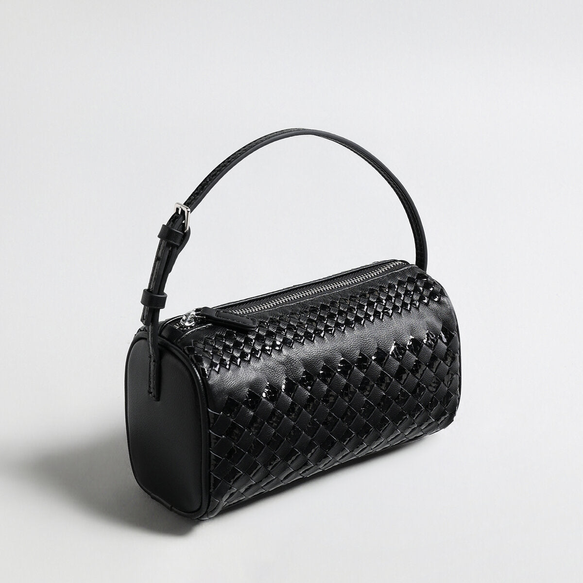 Hand-Woven Sheepskin Leather Cylinder Bag - Black