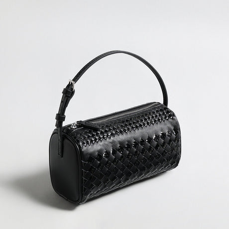Hand-Woven Sheepskin Leather Cylinder Bag - Black