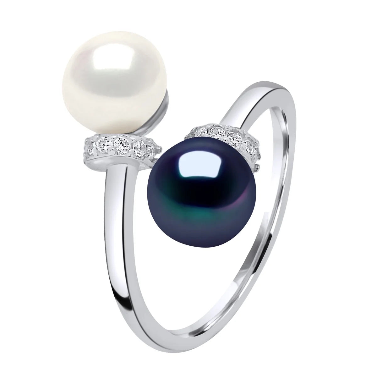 Ring Toi & Moi 2 Pearl Button Freshwater Pearl & Cubic Zirconia White & Black