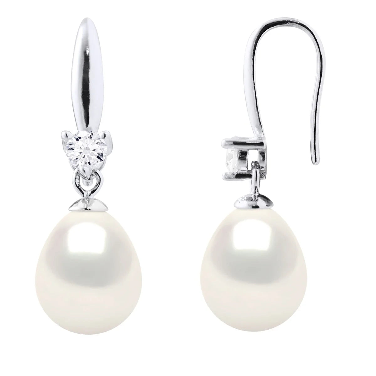 Drop Earrings Freshwater Pearl & Cubic Zirconia White Sterling Silver 8-9mm