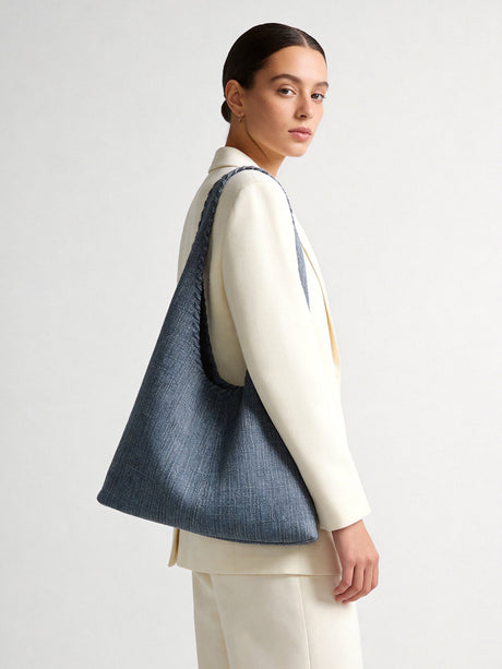 Textured Denim-Style Woven Hobo Tote Bag - Denim