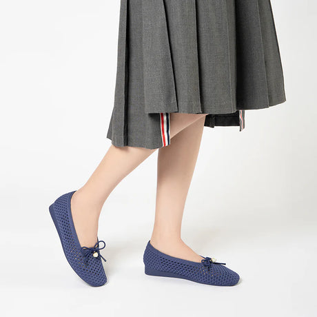 Pearl Bow Heart Mesh Knit Round Toe Wedge Flats - Navy