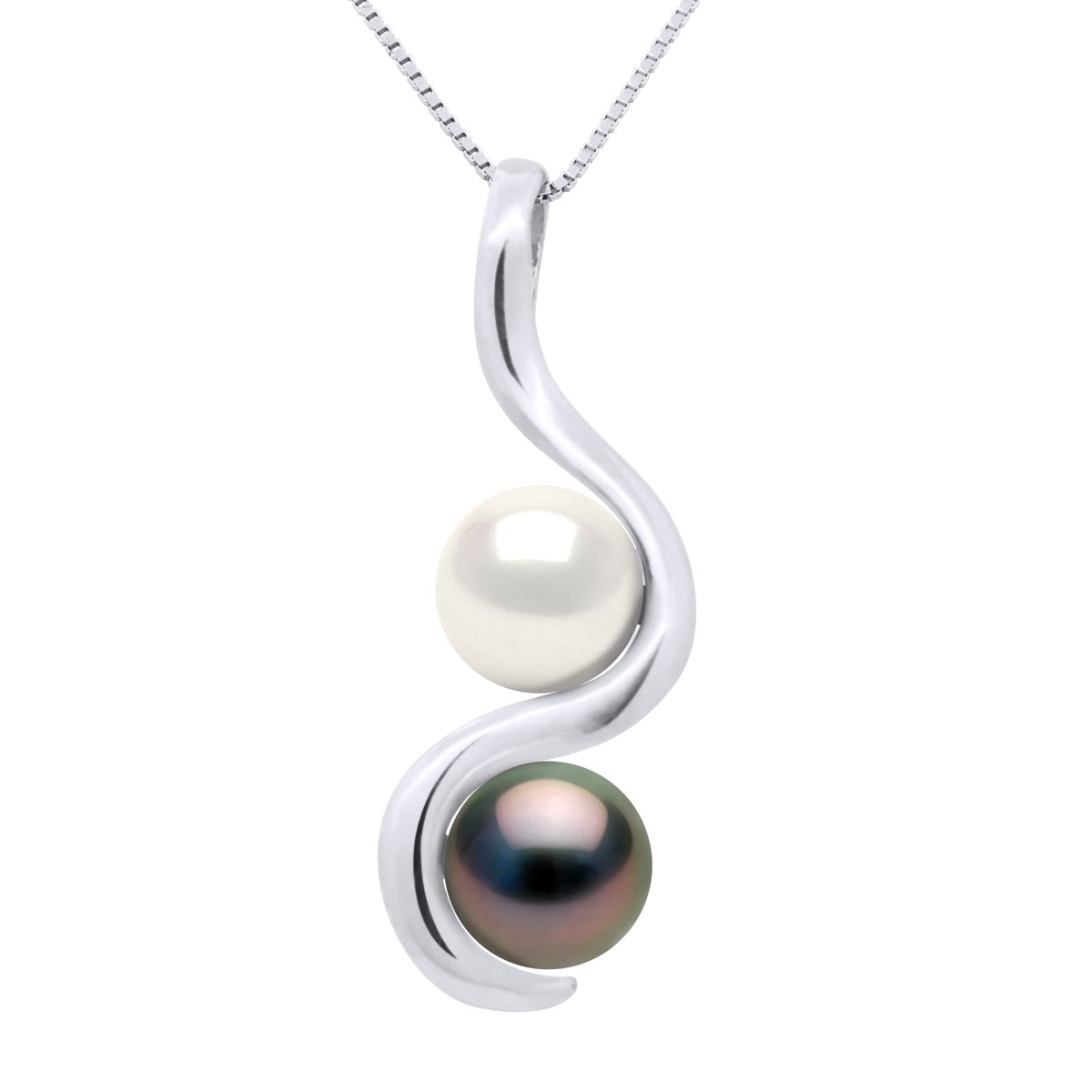 Necklace Link Venetian of Silver 925 Rhodium Plated with Pendant " You & Me" Adorned with 2 Real Cultured Pearls Round 8-9 mm - Natural White - Longueur 42 cm
