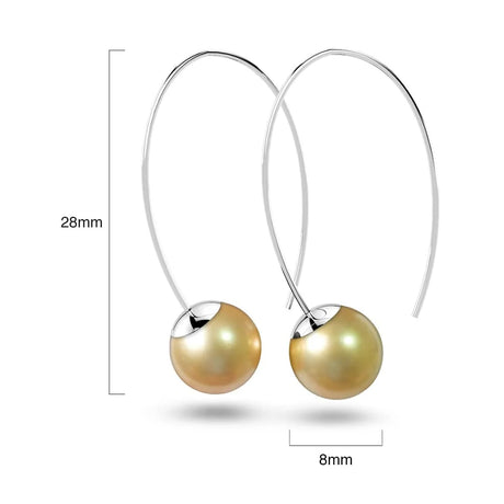Solid 925 Sterling Silver Round Champagne Imitation Pearl Dangle Earrings