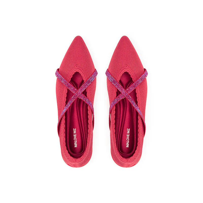 Rhinestone Cross Strap Pointed Toe Knit Flats - Watermelon