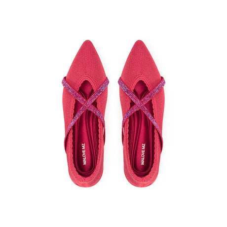 Rhinestone Cross Strap Pointed Toe Knit Flats - Watermelon