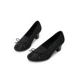Rhinestone Bow Knit Round Toe Block Heel Pumps - Black
