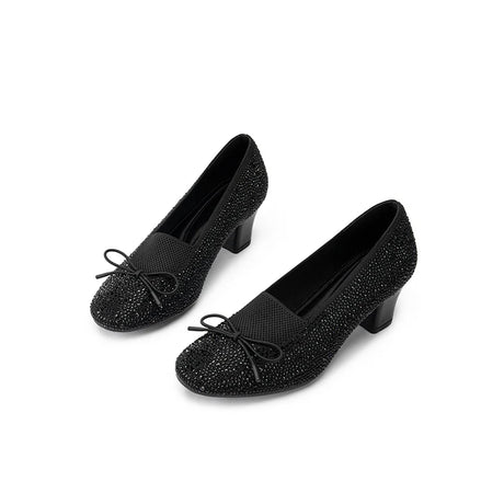 Rhinestone Bow Knit Round Toe Block Heel Pumps - Black
