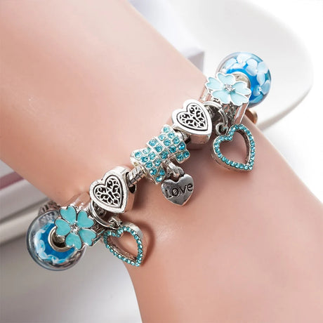 Pandora Inspired Full Set Beaded Charm Bracelet -  Silver/Blue