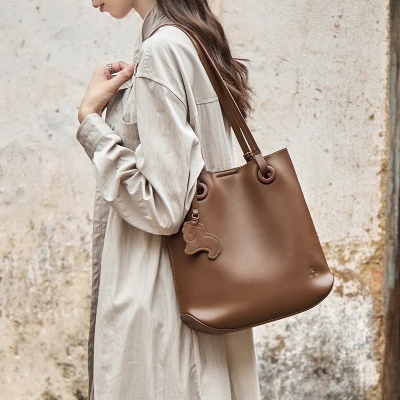 Nalandu Leather Horse Charm Tote Bag - Coffee