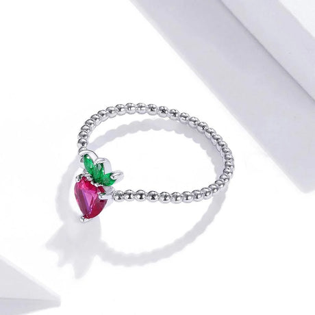 Solid 925 Sterling Silver Strawberry Ball Chain Ring