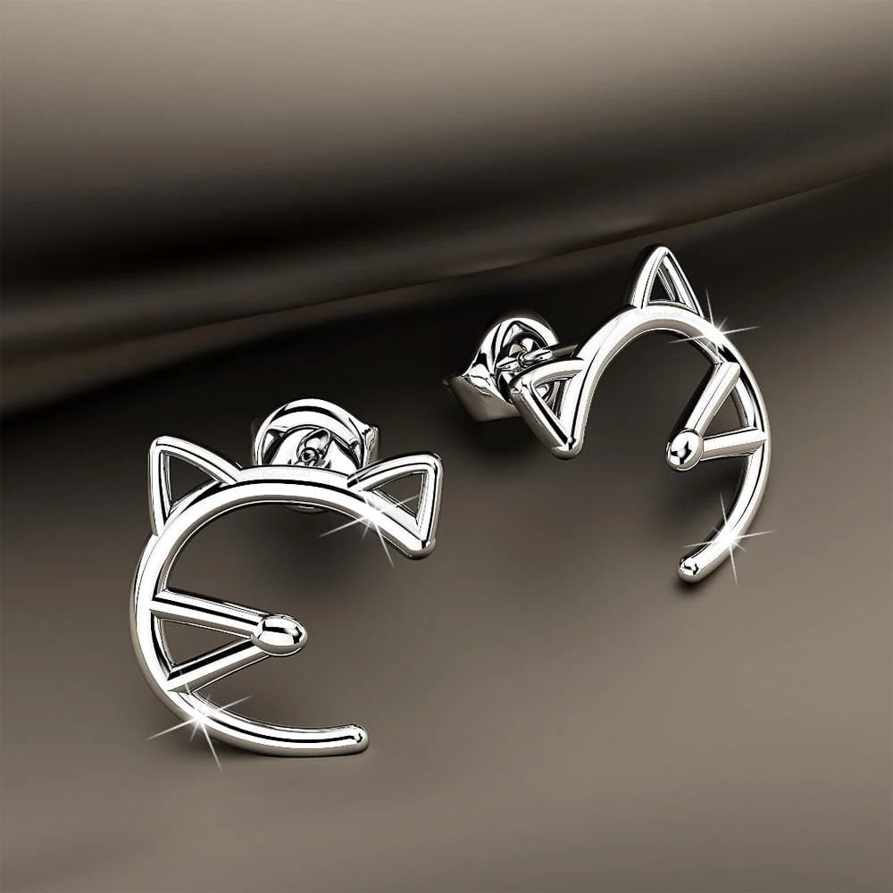 Bullion Gold Feline Cute Cat White Gold Layered Earrings