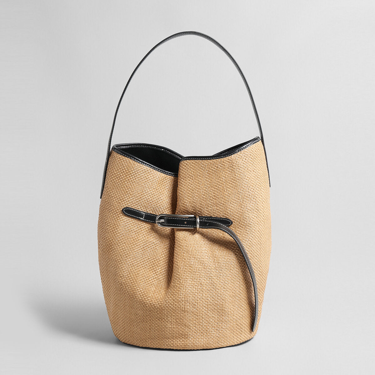 Belted Woven Straw Bucket Bag - Natural