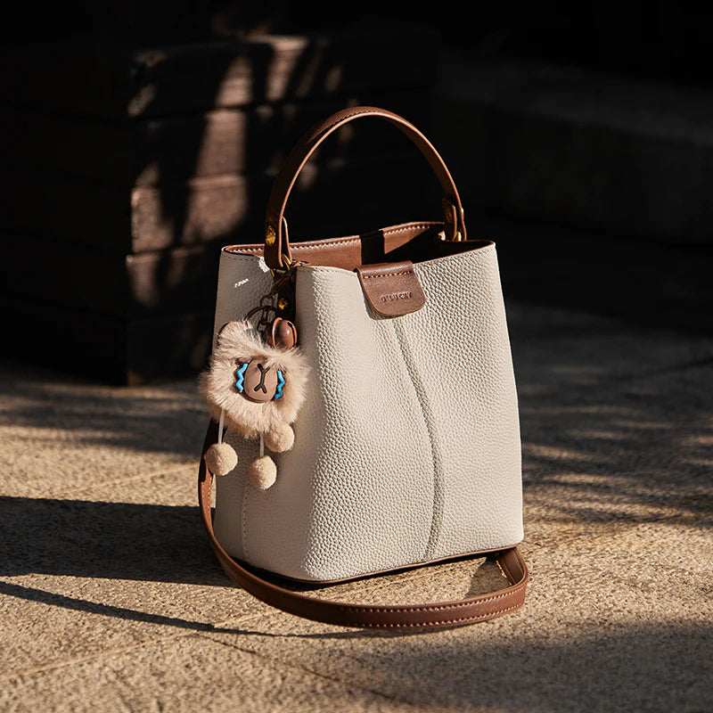 Nalandu Colorblock Leather Bucket Shoulder Bag - Ivory