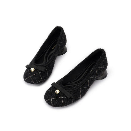 Classic Bow Tweed Quilted Pumps - Black