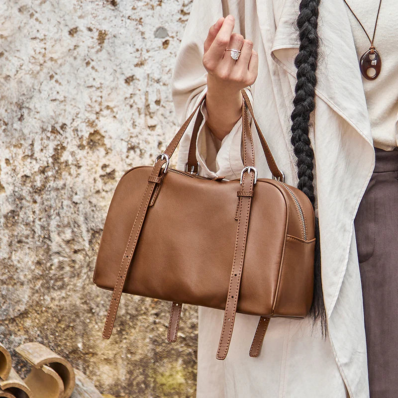 Nalandu Vintage Leather Bowling Bag - Camel